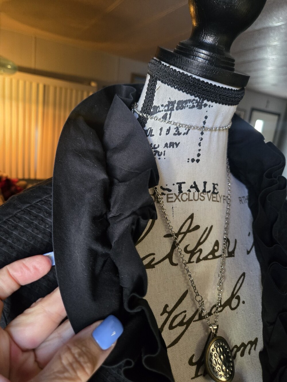 Gothic V Neck Ruffle High Collared Blouse. Button Down. Long Sleeve. - Picture 2 of 8